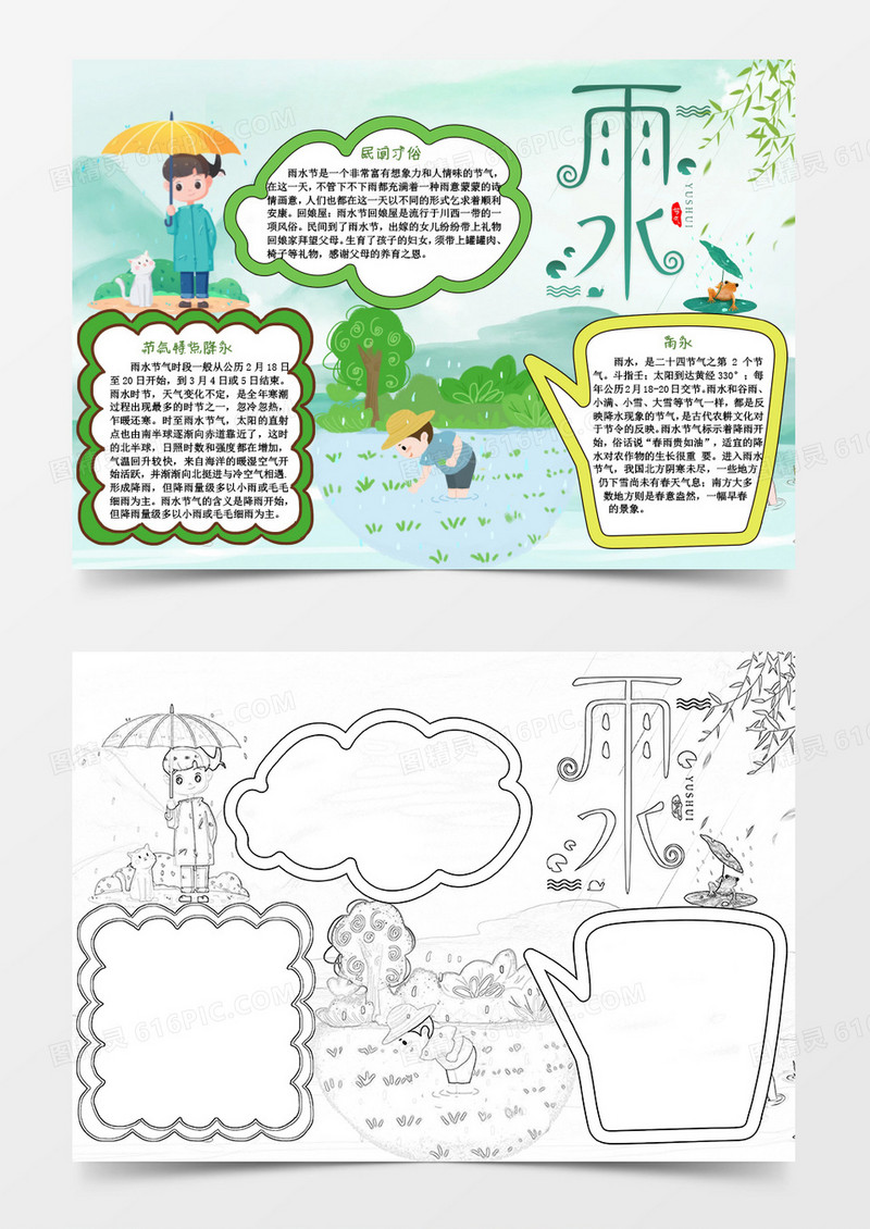 绿色卡通雨水节气小报Word模板
