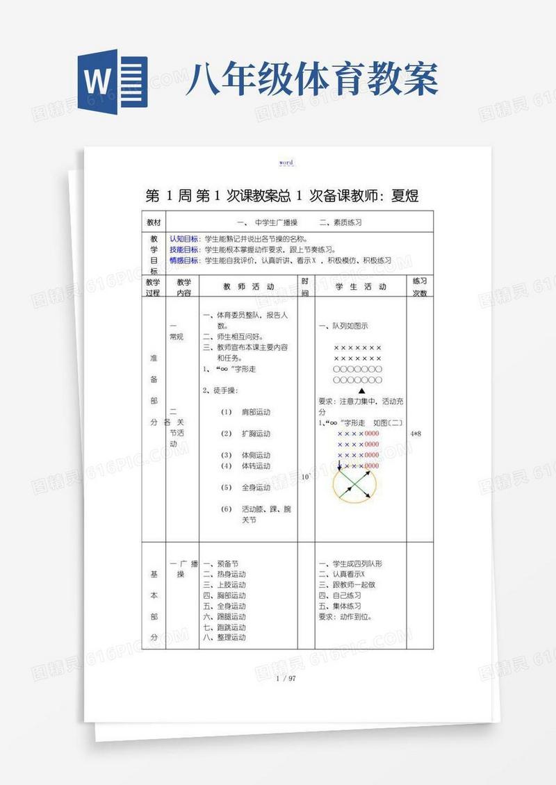 简洁的初中八年级全套体育教案设计(共36课)