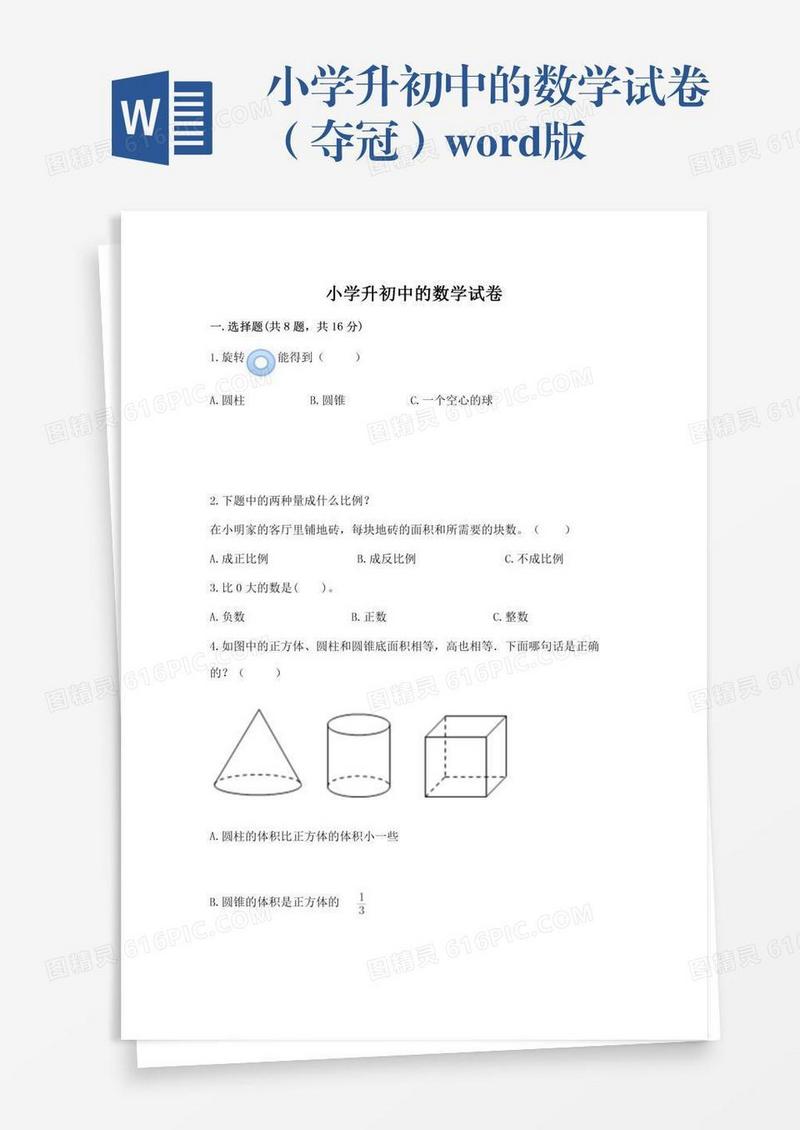 小学升初中的数学试卷（夺冠）word版