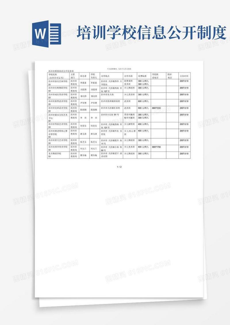 简洁的彭州市教育培训公开信息表