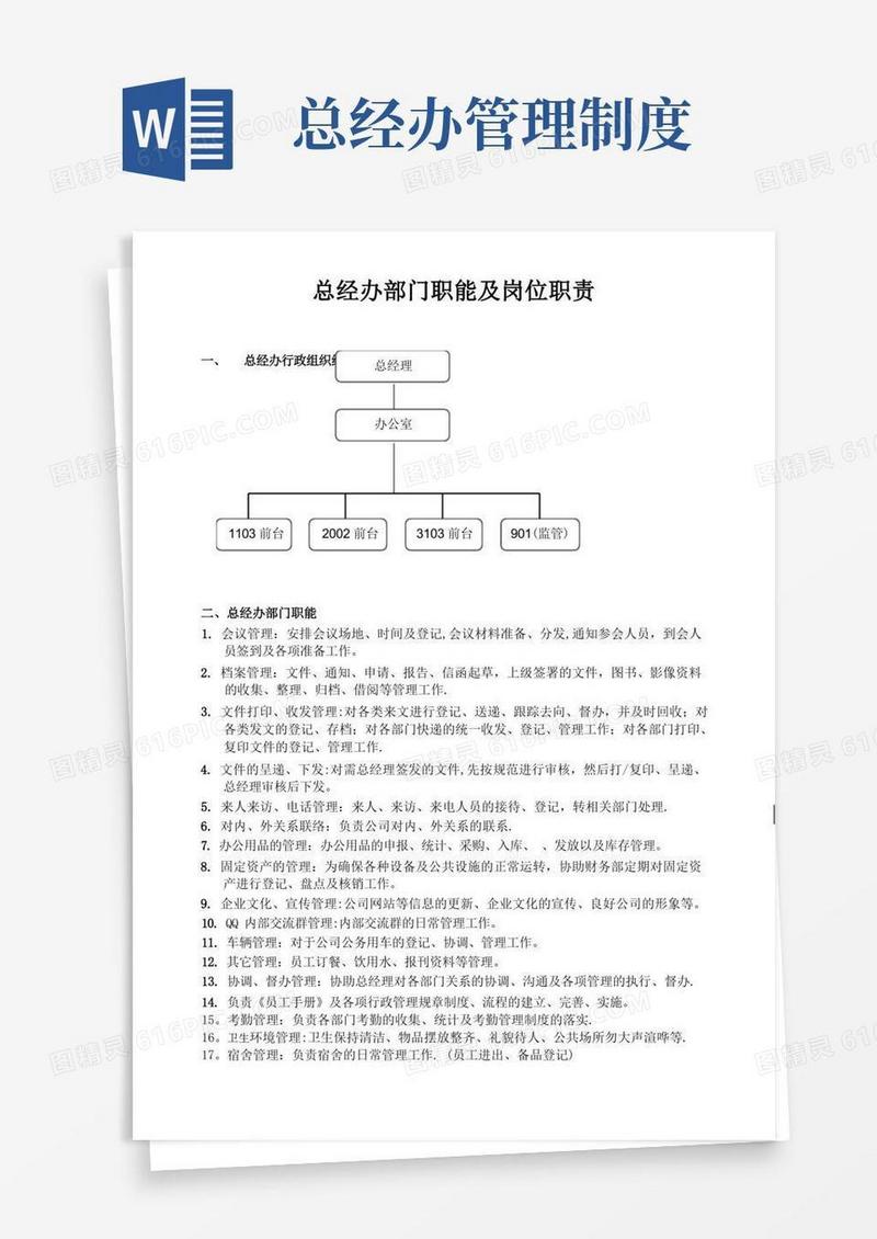 实用的总经办部门职能及岗位职责