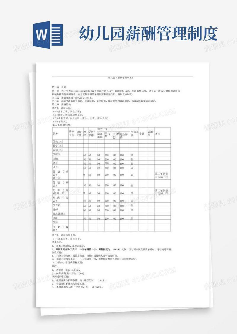 方便的幼儿园薪酬管理制度