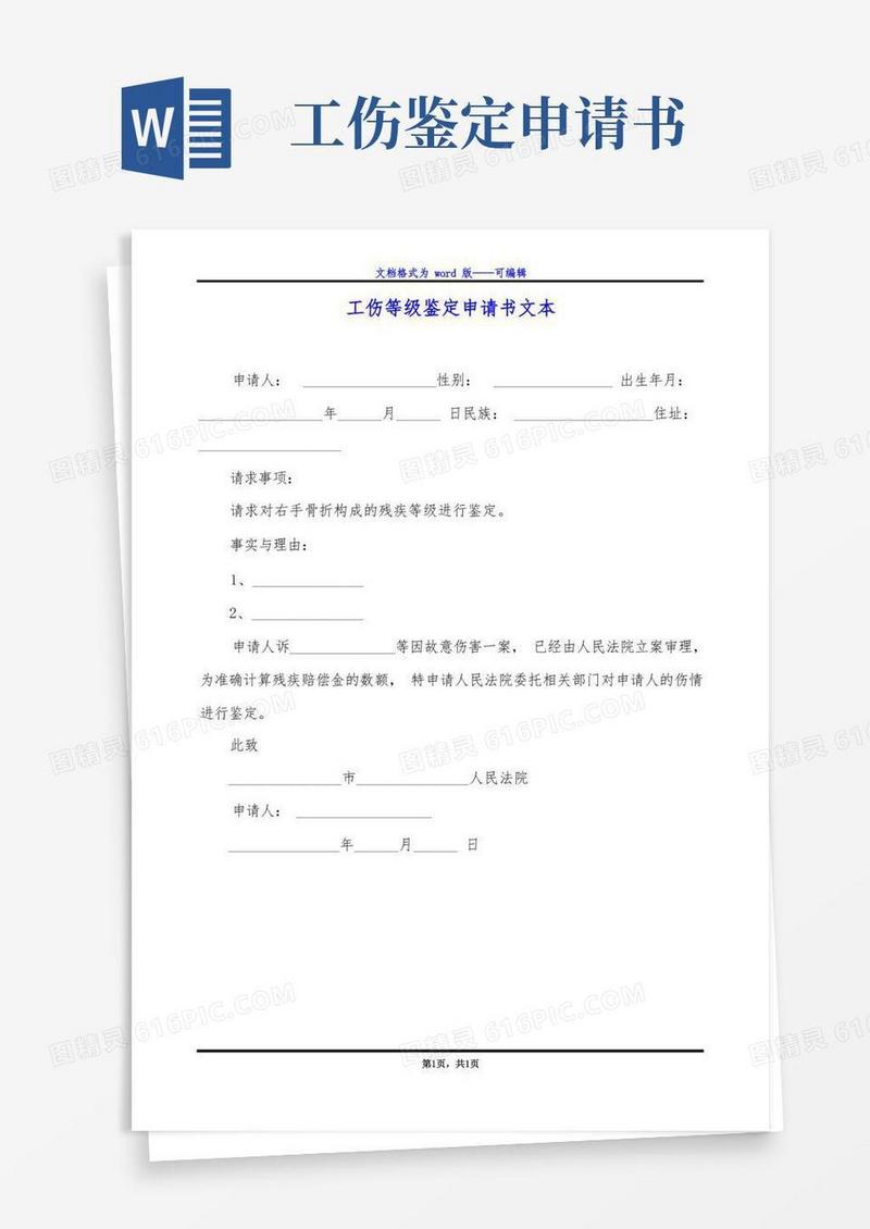 实用的工伤等级鉴定申请书文本