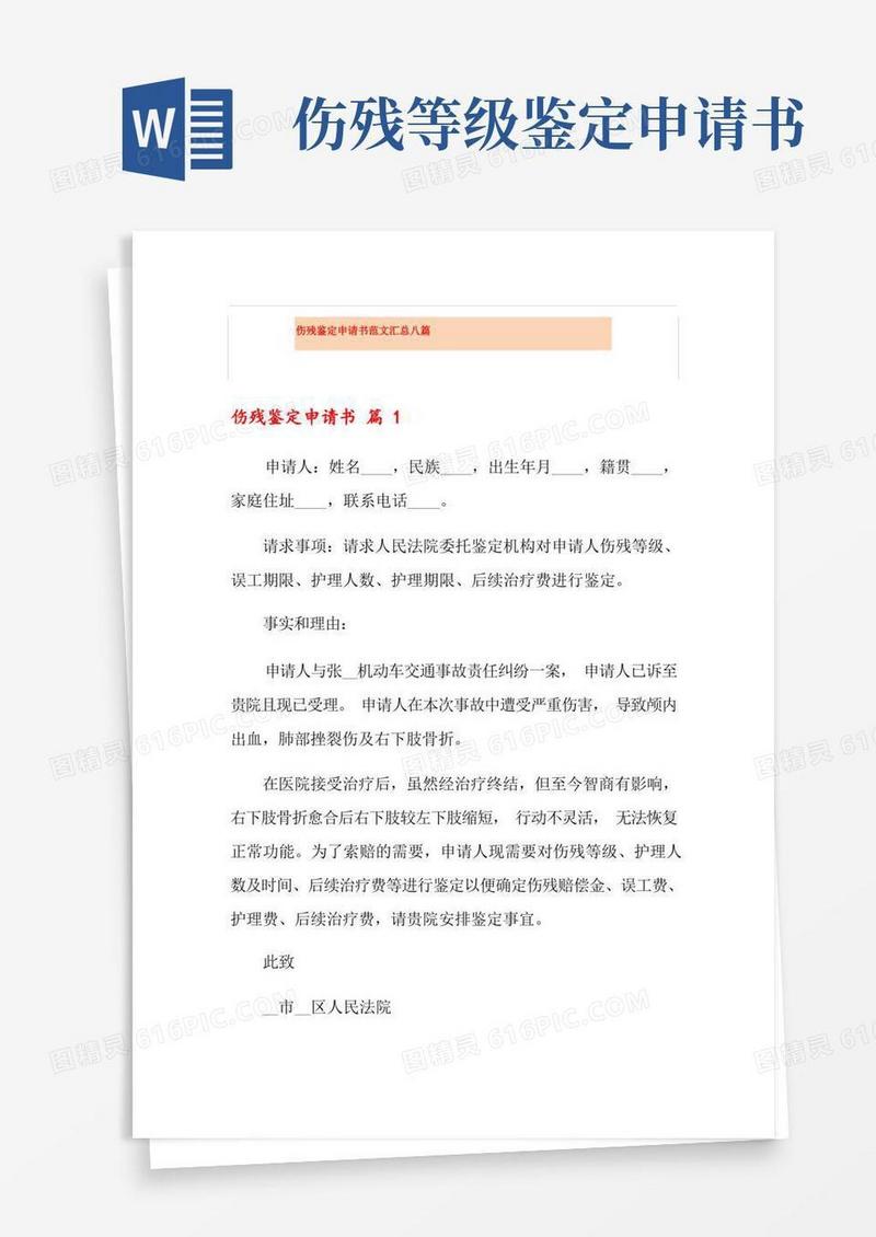 大气版伤残鉴定申请书范文汇总八篇