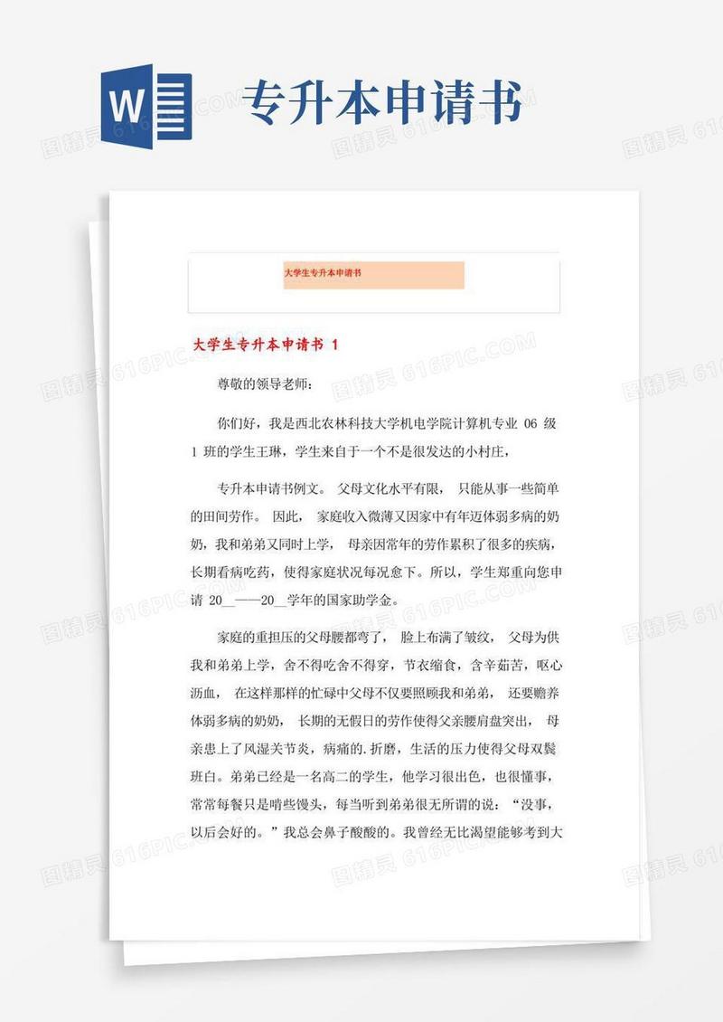 大气版大学生专升本申请书