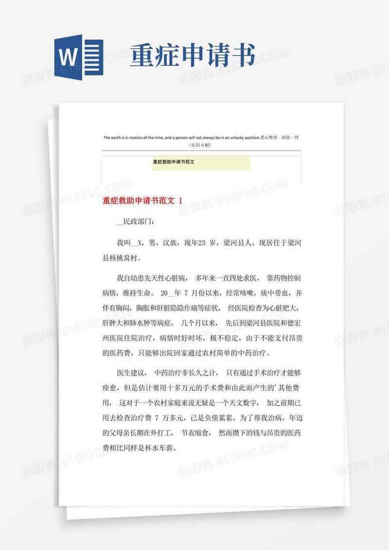 简易版重症救助申请书范文