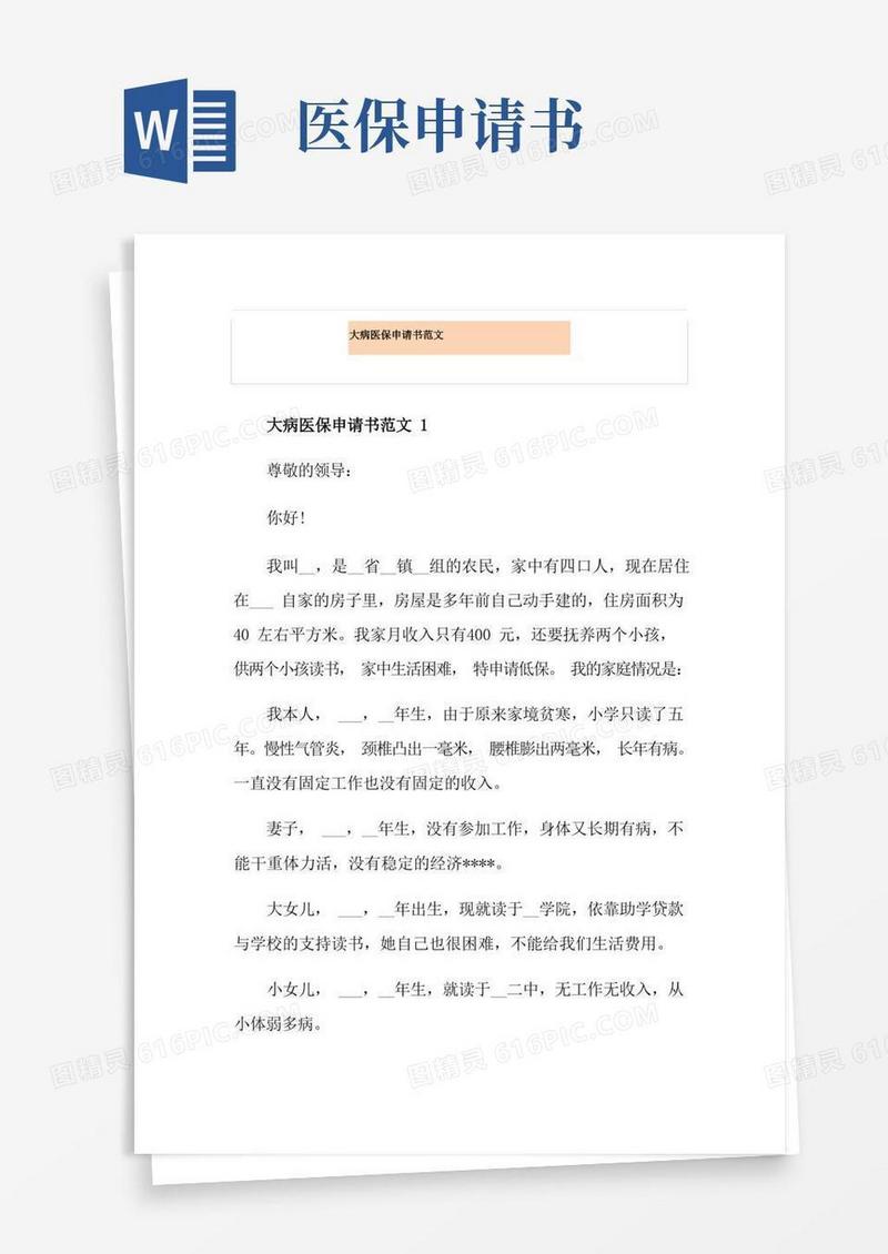 方便的大病医保申请书范文