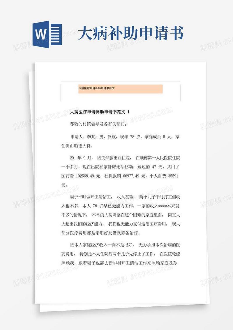 大气版大病医疗申请补助申请书范文