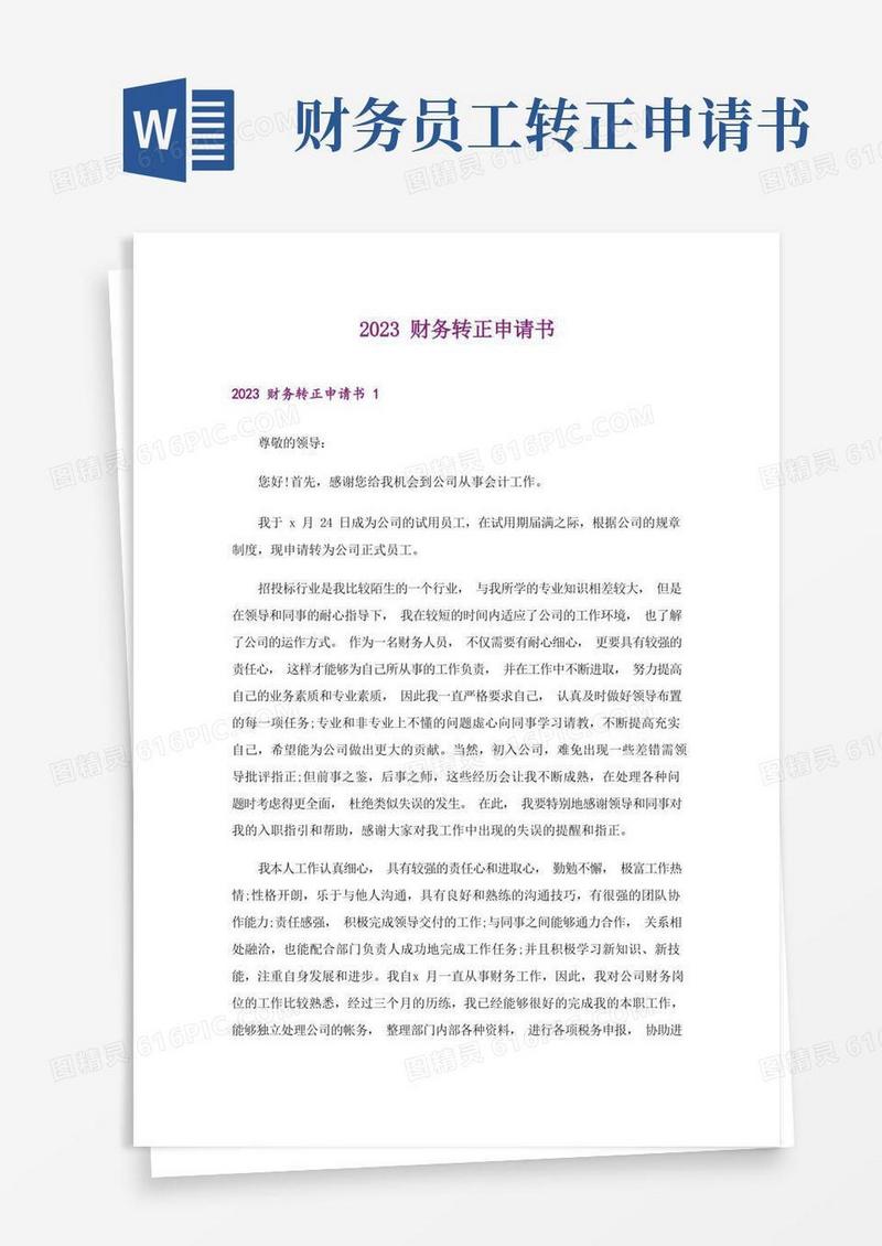 大气版2023财务转正申请书
