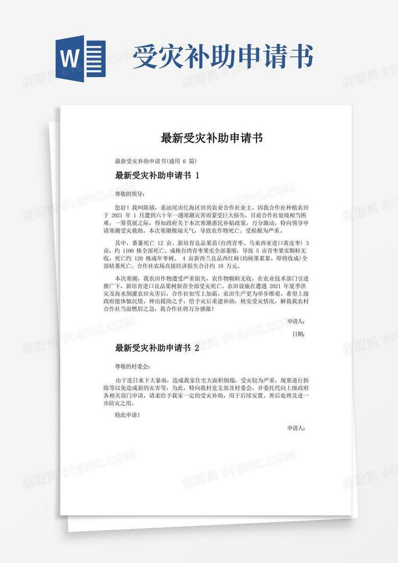 大气版最新受灾补助申请书