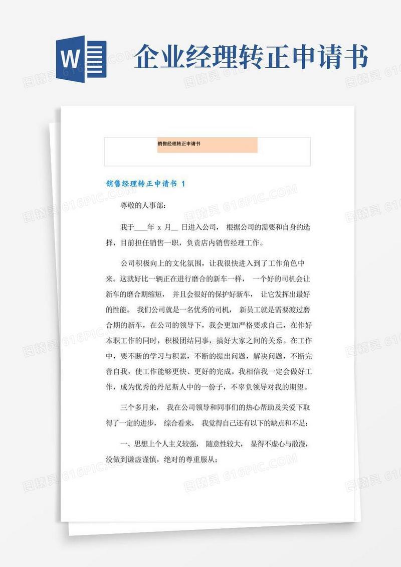 简易版销售经理转正申请书