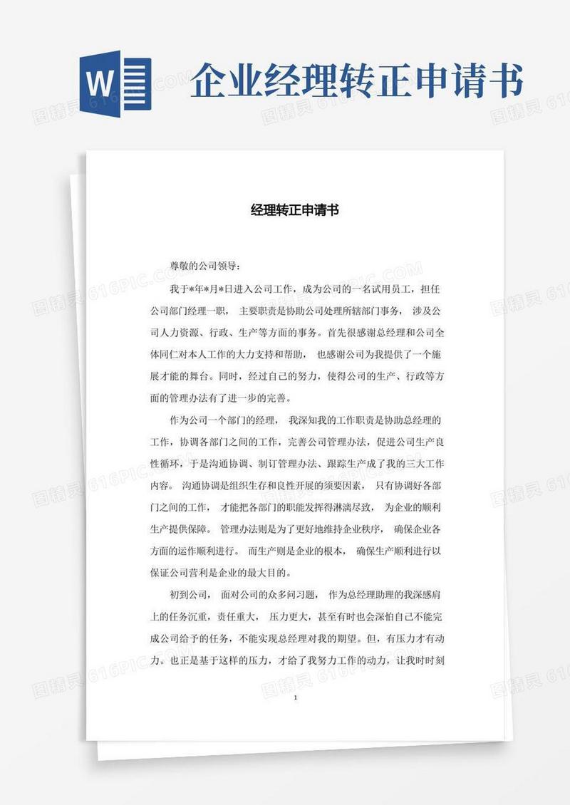 实用的经理转正申请书