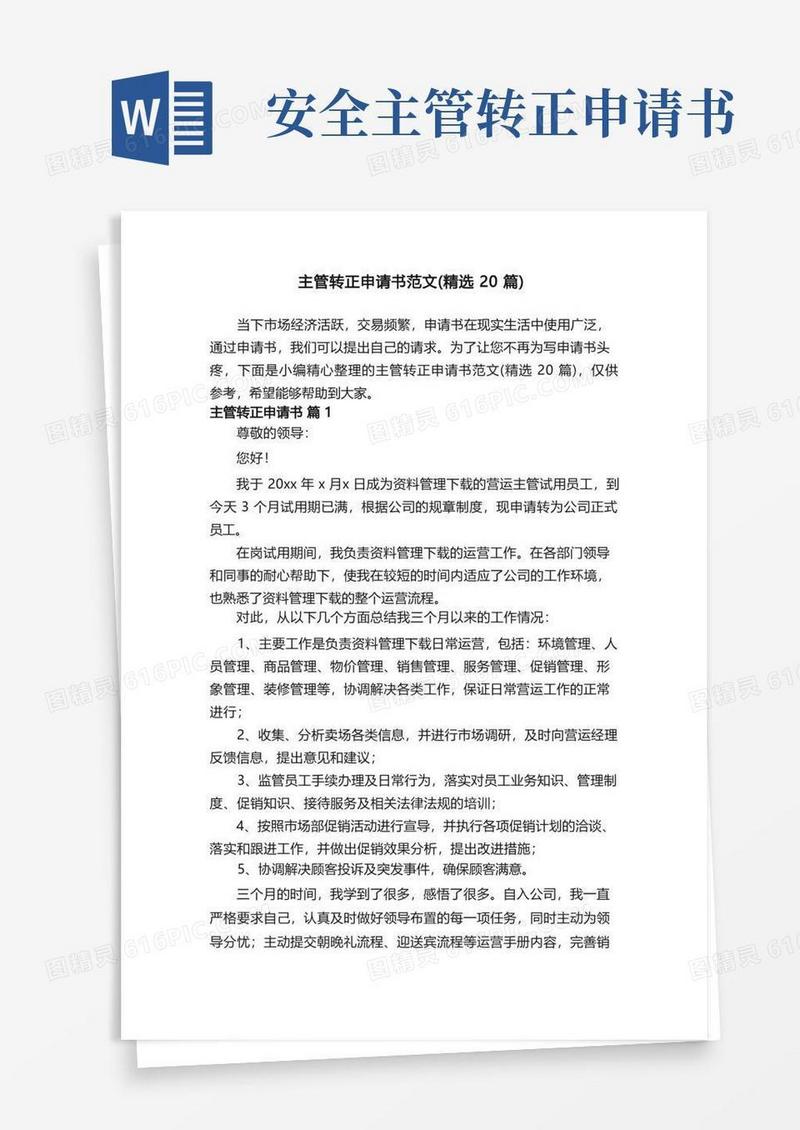 大气版主管转正申请书范文（精选20篇）