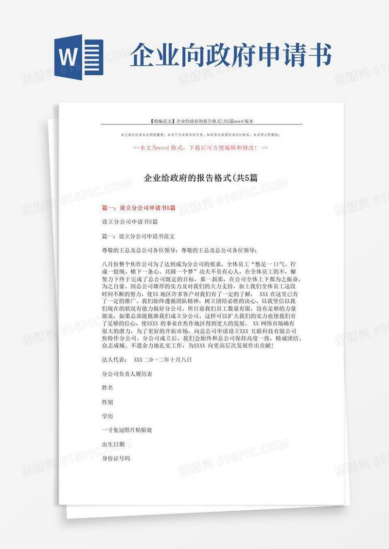 大气版【精编范文】企业给政府的报告格式(共5篇word版本(17页)