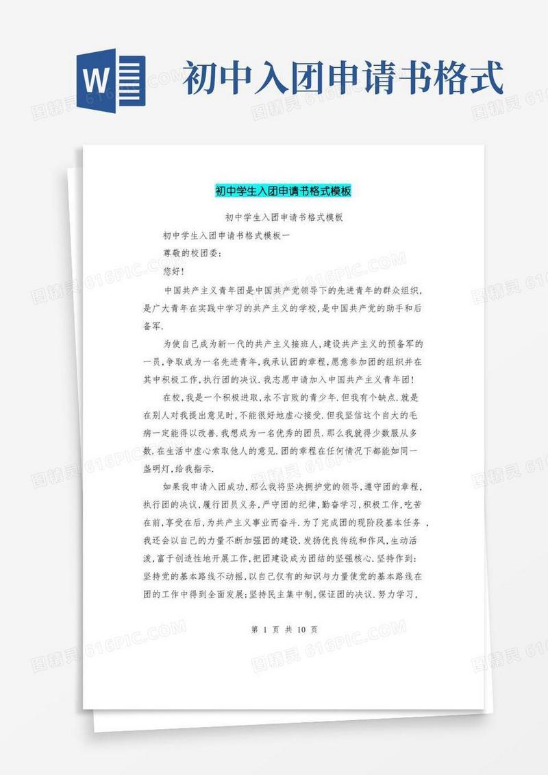 大气版初中学生入团申请书格式模板