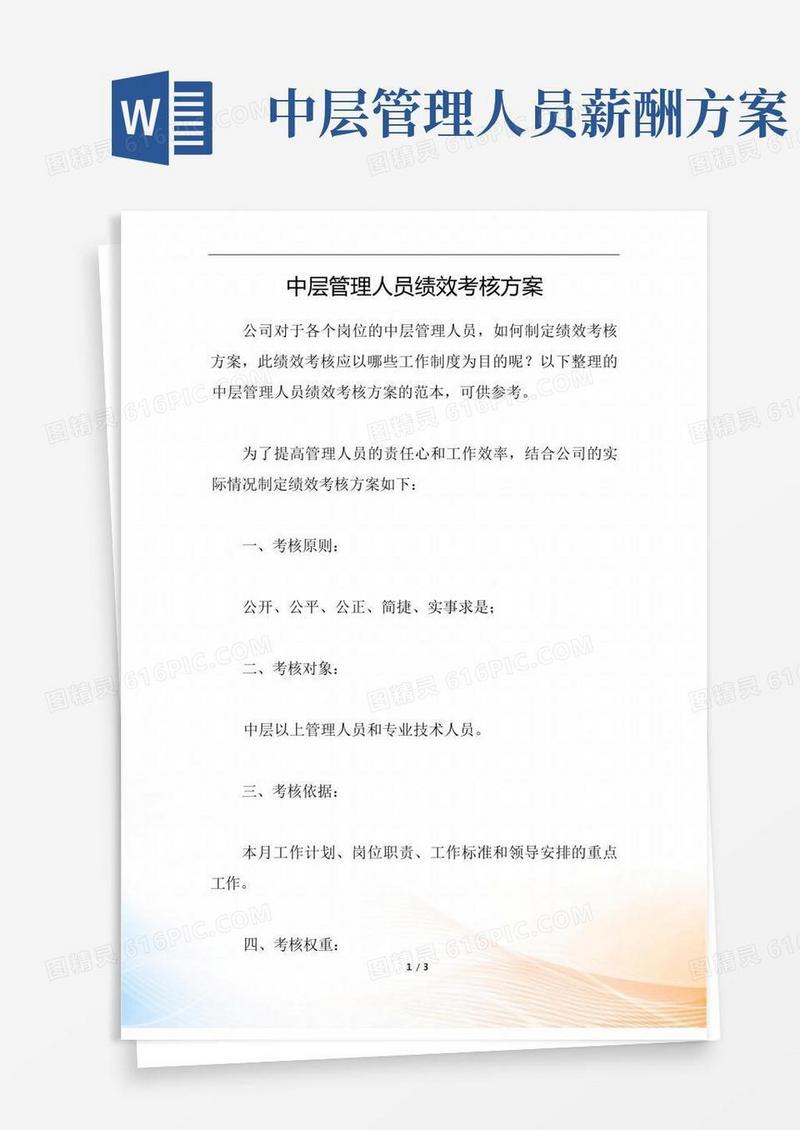 好用的中层管理人员绩效考核方案