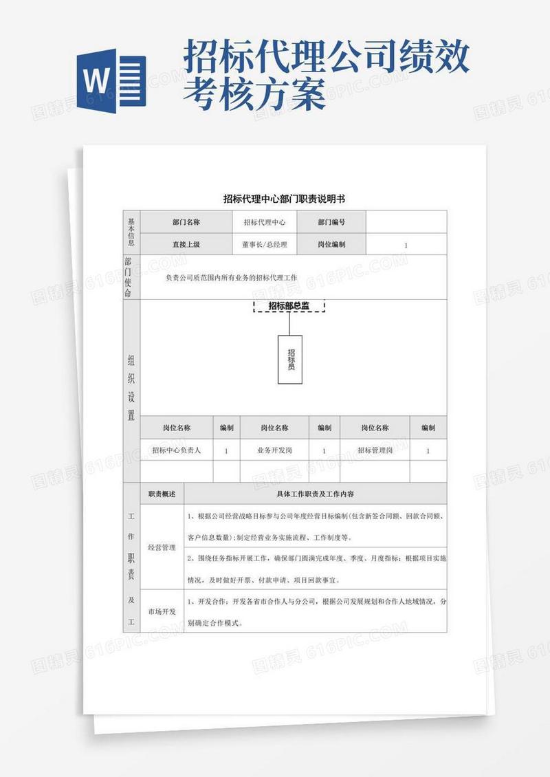 简洁的招标代理中心部门职责说明书