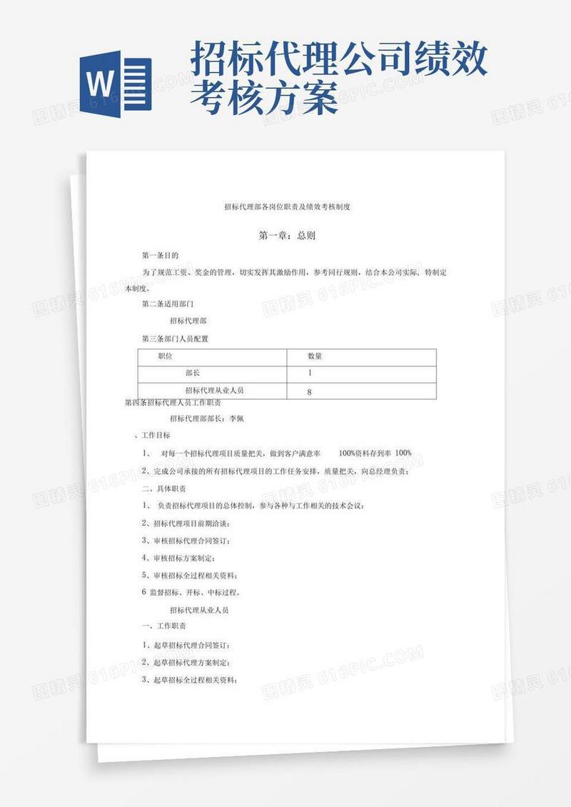 实用的招标代理部各岗位职责及绩效考核制度