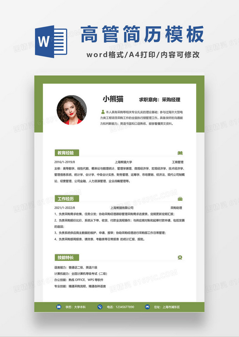 绿色简约公司高管采购经理求职简历模板