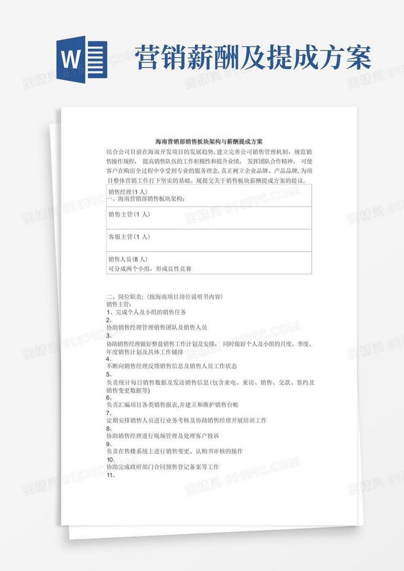 方便的海南营销部销售板块架构与薪酬提成方案