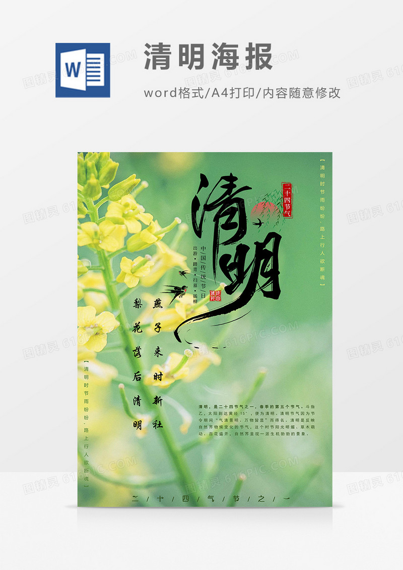 油菜花版清明海报word模板