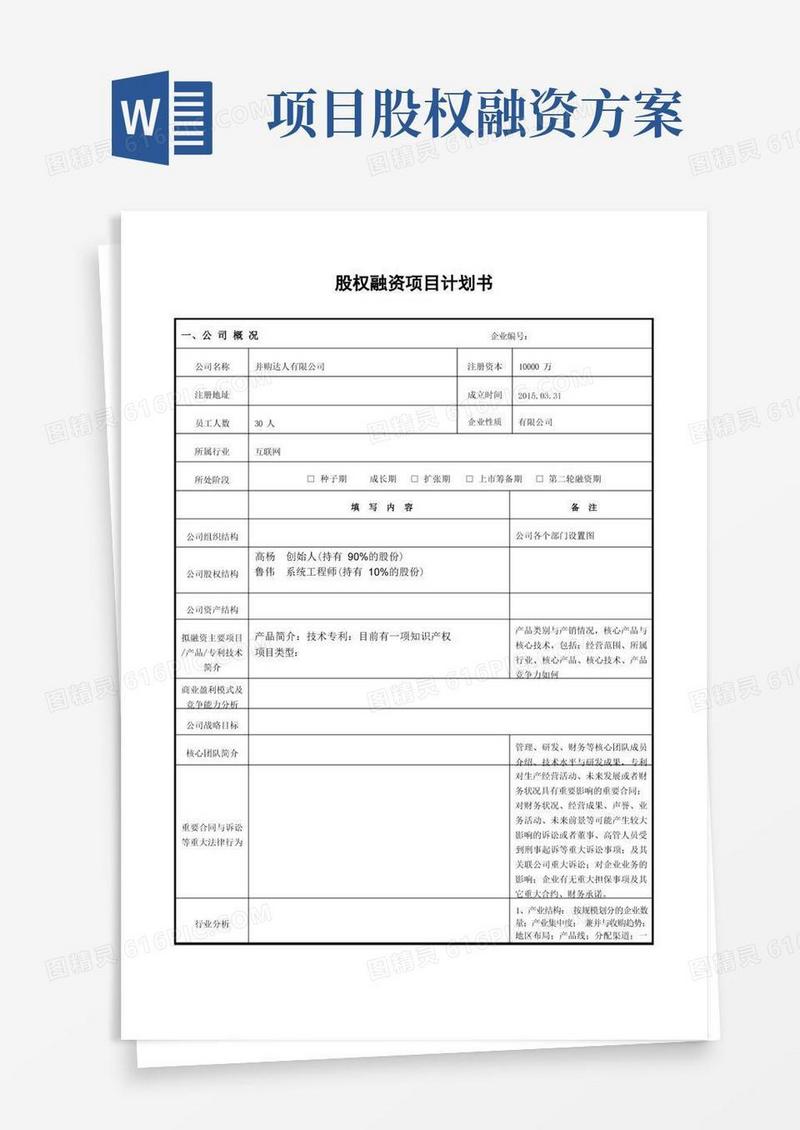 简易版股权融资项目计划书(表格版)