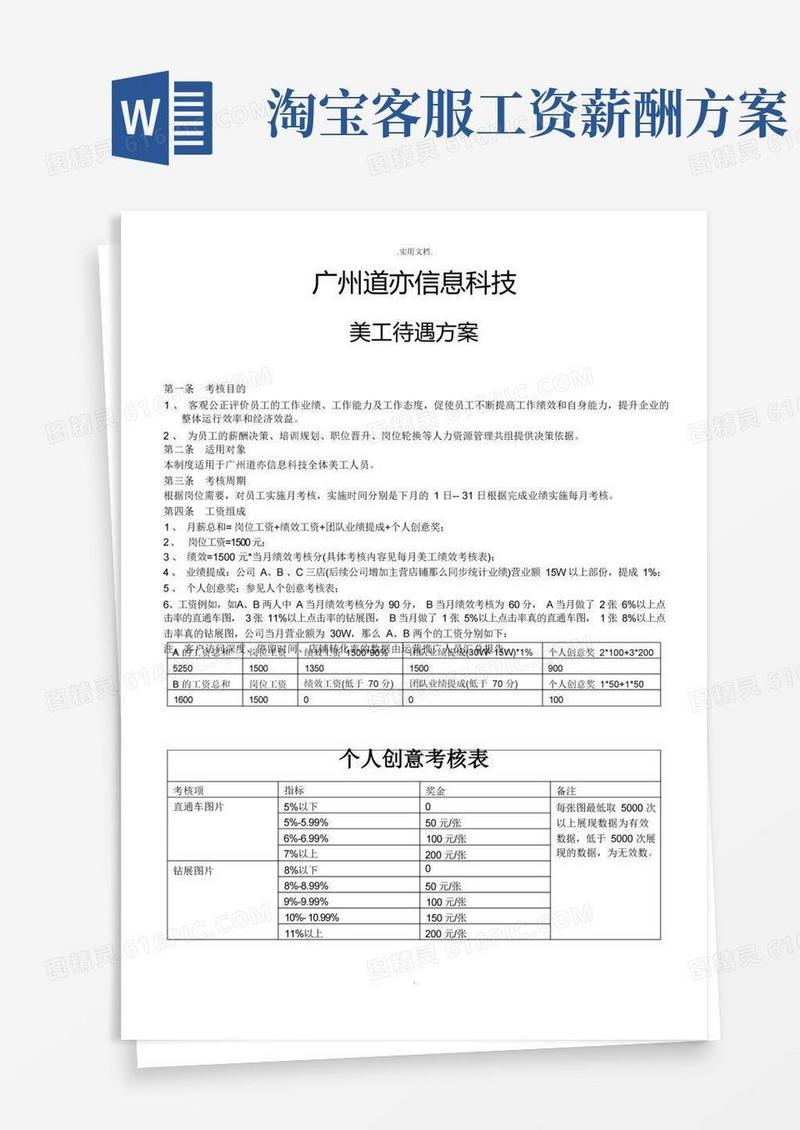 通用版淘宝美工待遇方案及绩效考核标准