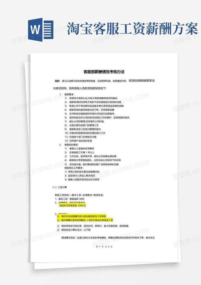 简易版电商淘宝客服部薪酬绩效考核