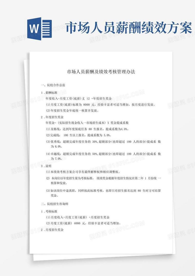 好用的市场人员薪酬及绩效考核管理办法