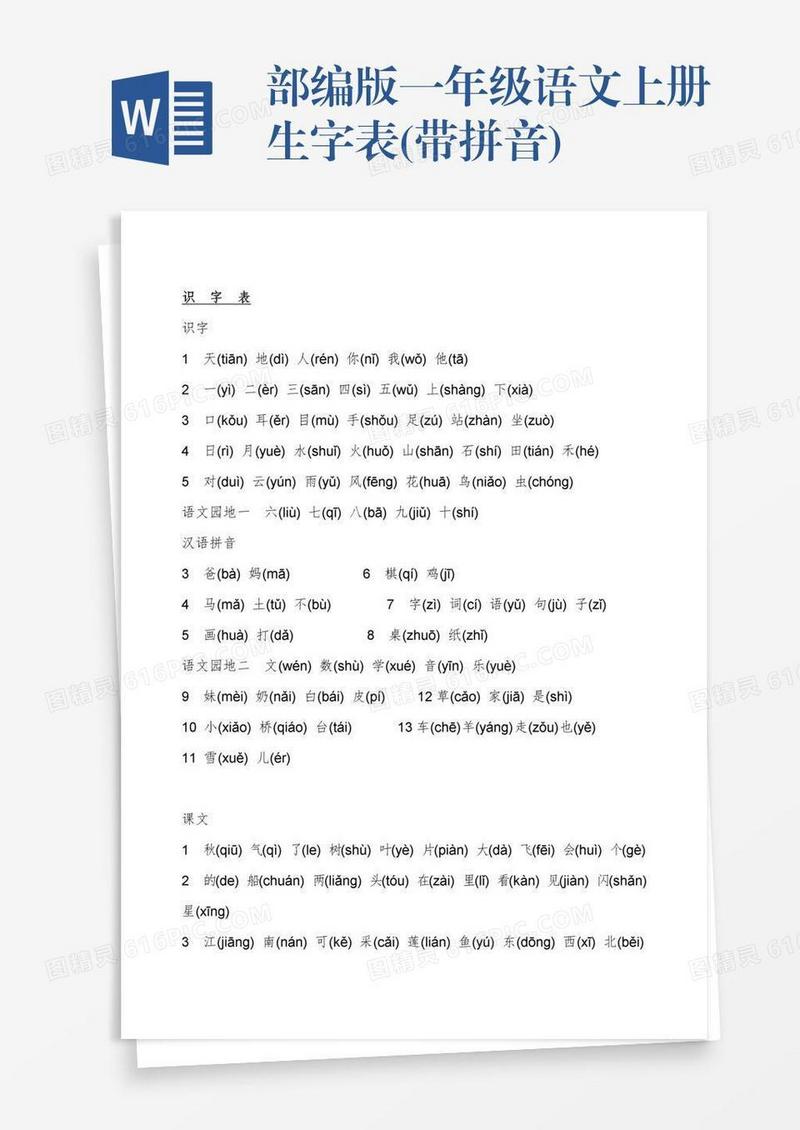 部编版一年级语文上册生字表(带拼音)