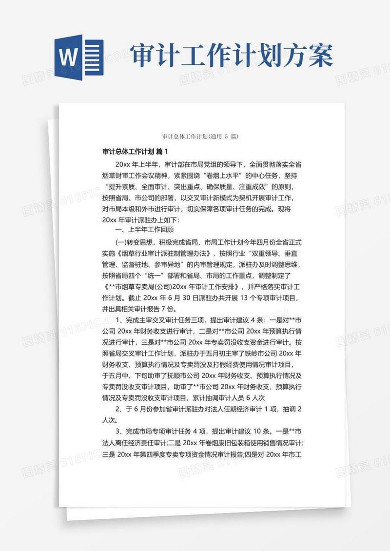 好用的审计总体工作计划（通用5篇）