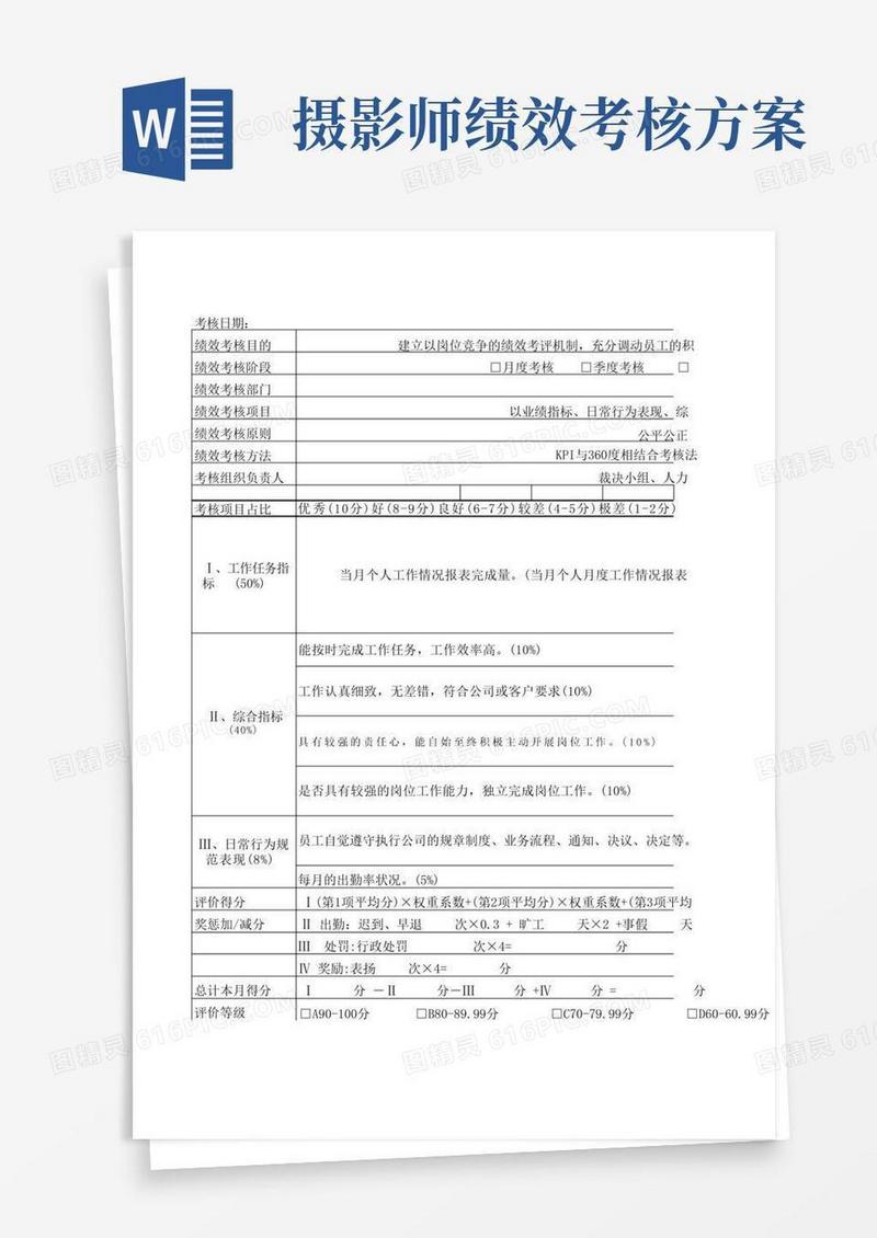 好用的摄影师绩效考核指标
