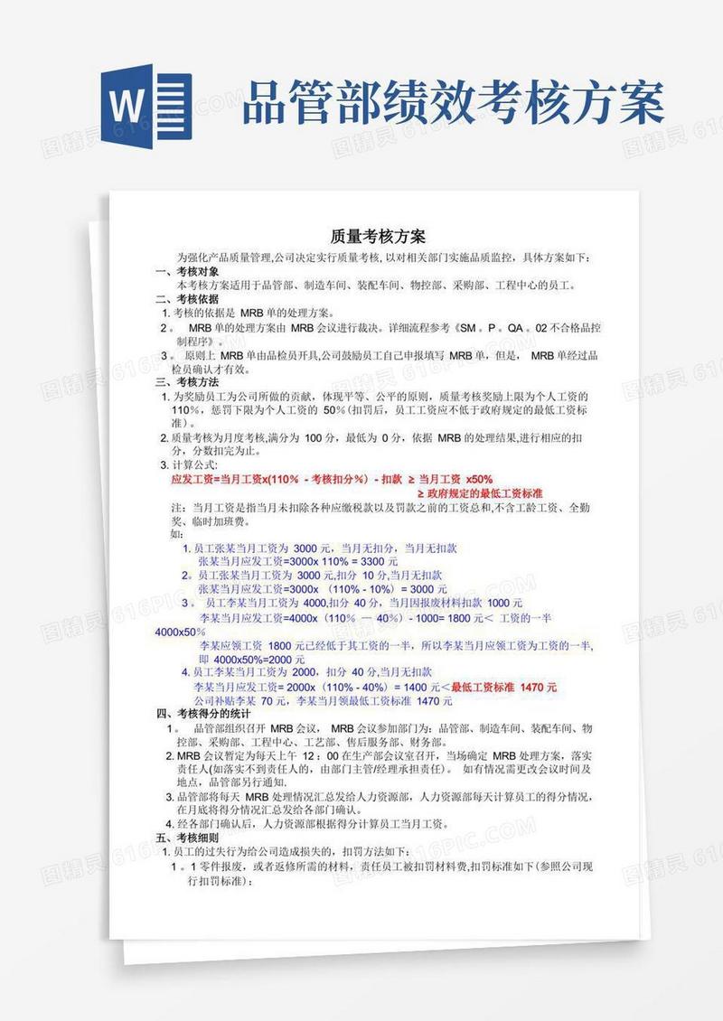 简易版品管员绩效考核方案