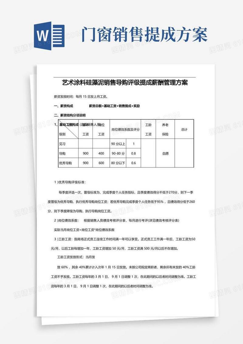 简易版艺术涂料硅藻泥门窗销售导购评级提成薪酬管理方案