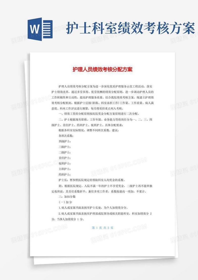 通用版护理人员绩效考核分配方案