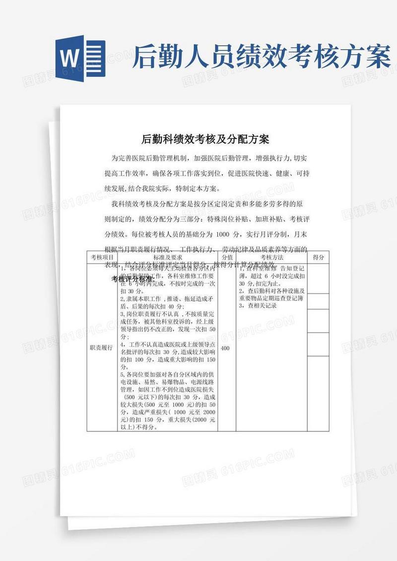 简易版后勤科绩效考核及分配方案