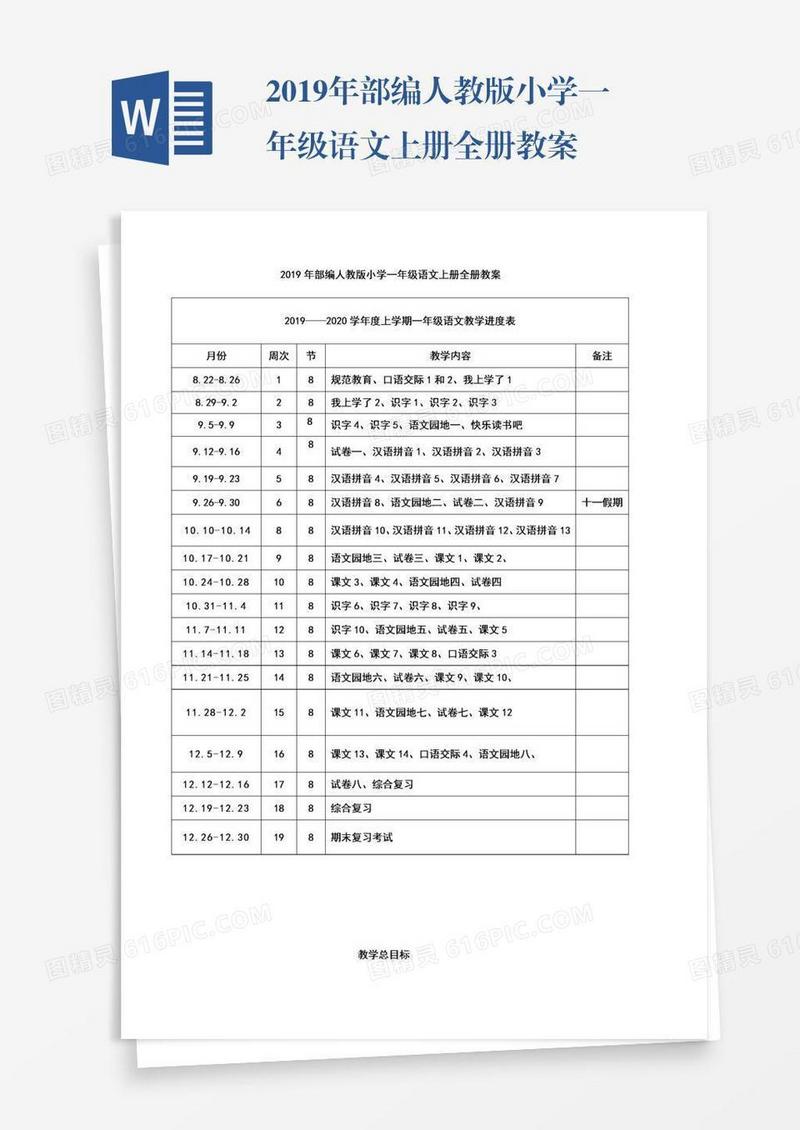 2019年部编人教版小学一年级语文上册全册教案
