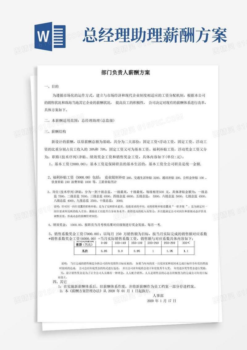 简易版总经理助理(销售)薪酬设计