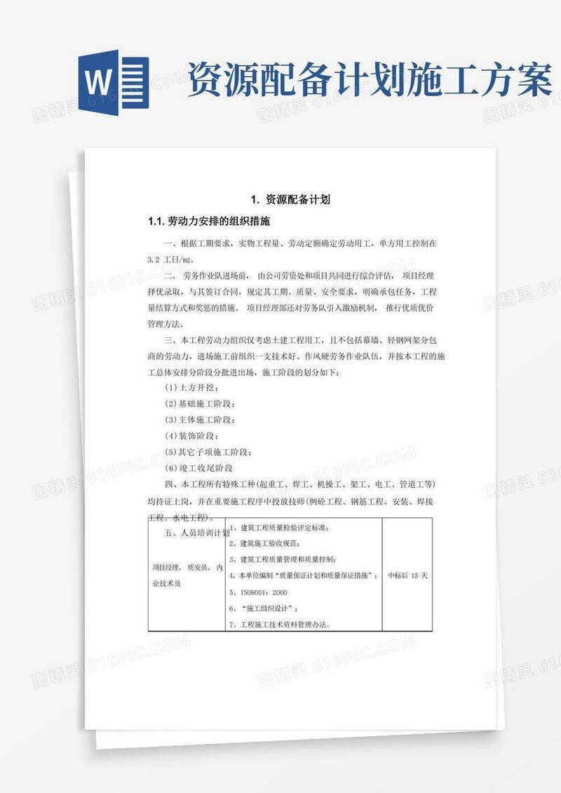 通用版施工组织设计-资源配备计划(纯方案,7页)