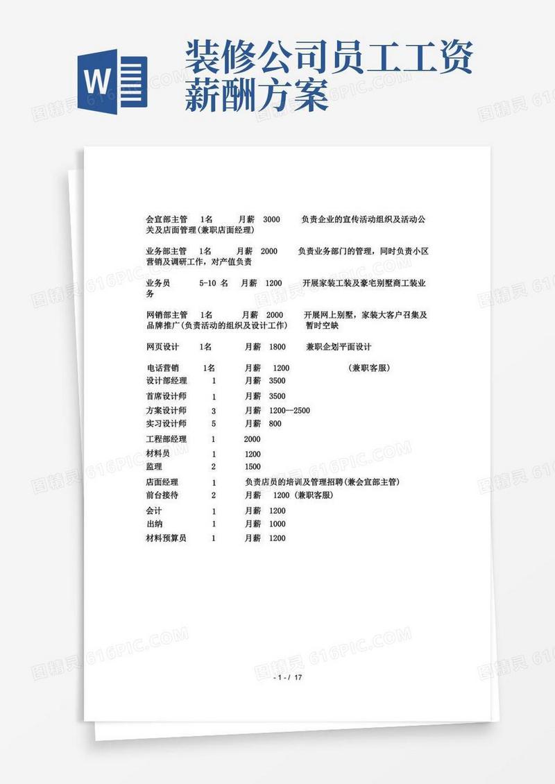 简洁的装饰公司各部门薪资待遇模板