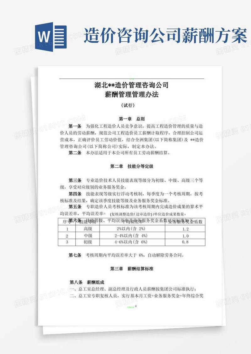 大气版造价咨询公司薪酬管理办法
