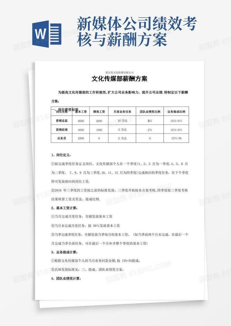 大气版文化传媒部薪酬考核方案