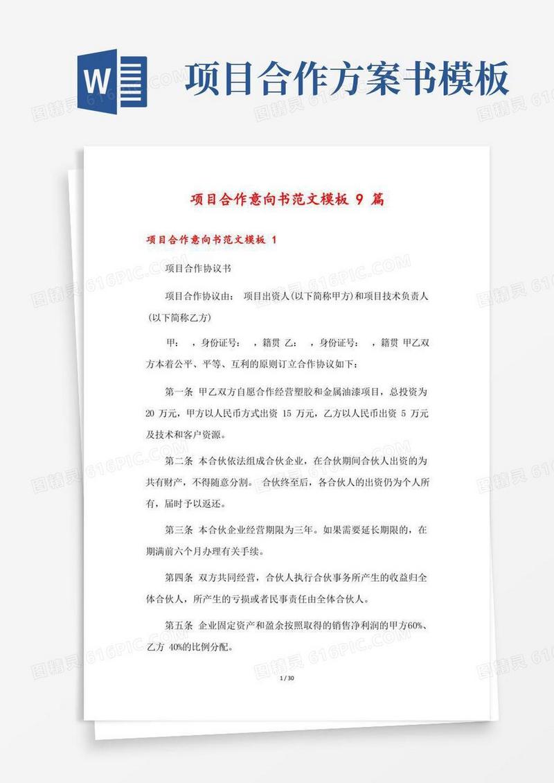 大气版项目合作意向书范文模板9篇