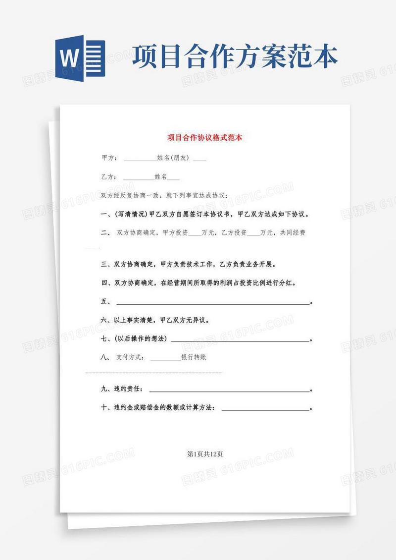 大气版项目合作协议格式范本(6篇)
