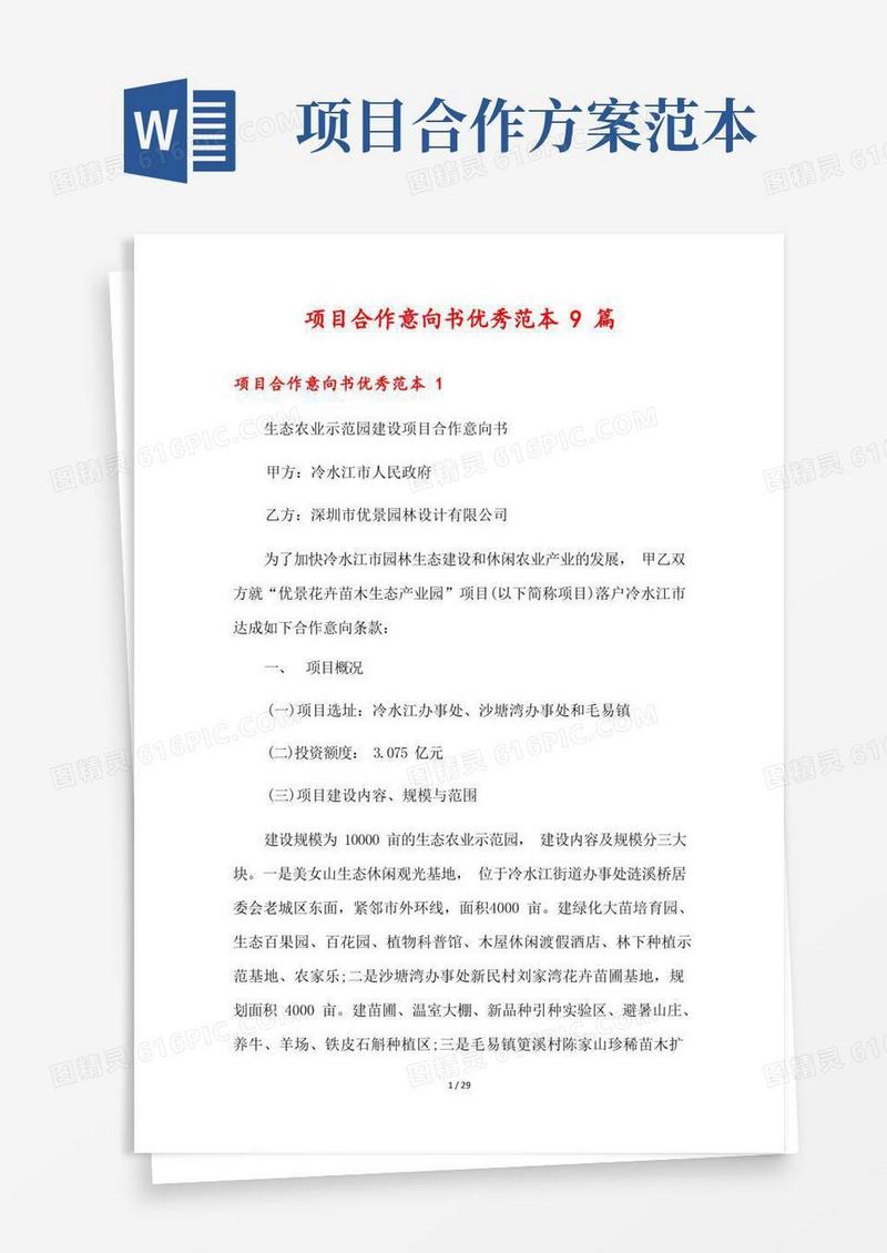 大气版项目合作意向书优秀范本9篇