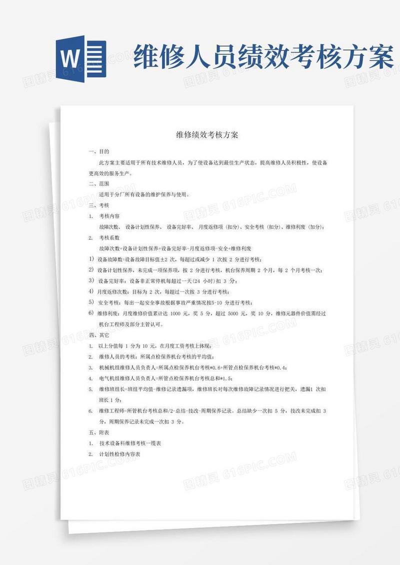 方便的维修绩效考核方案
