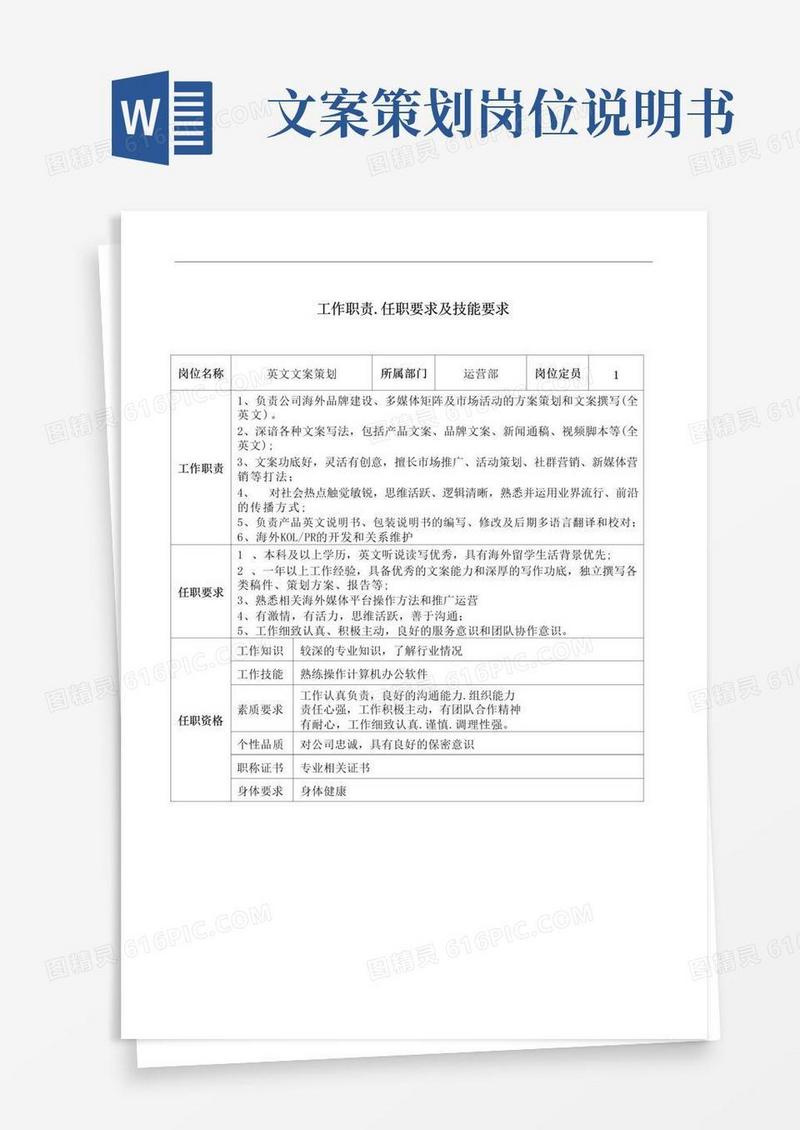 通用版英文文案策划工作职责和岗位要求模板