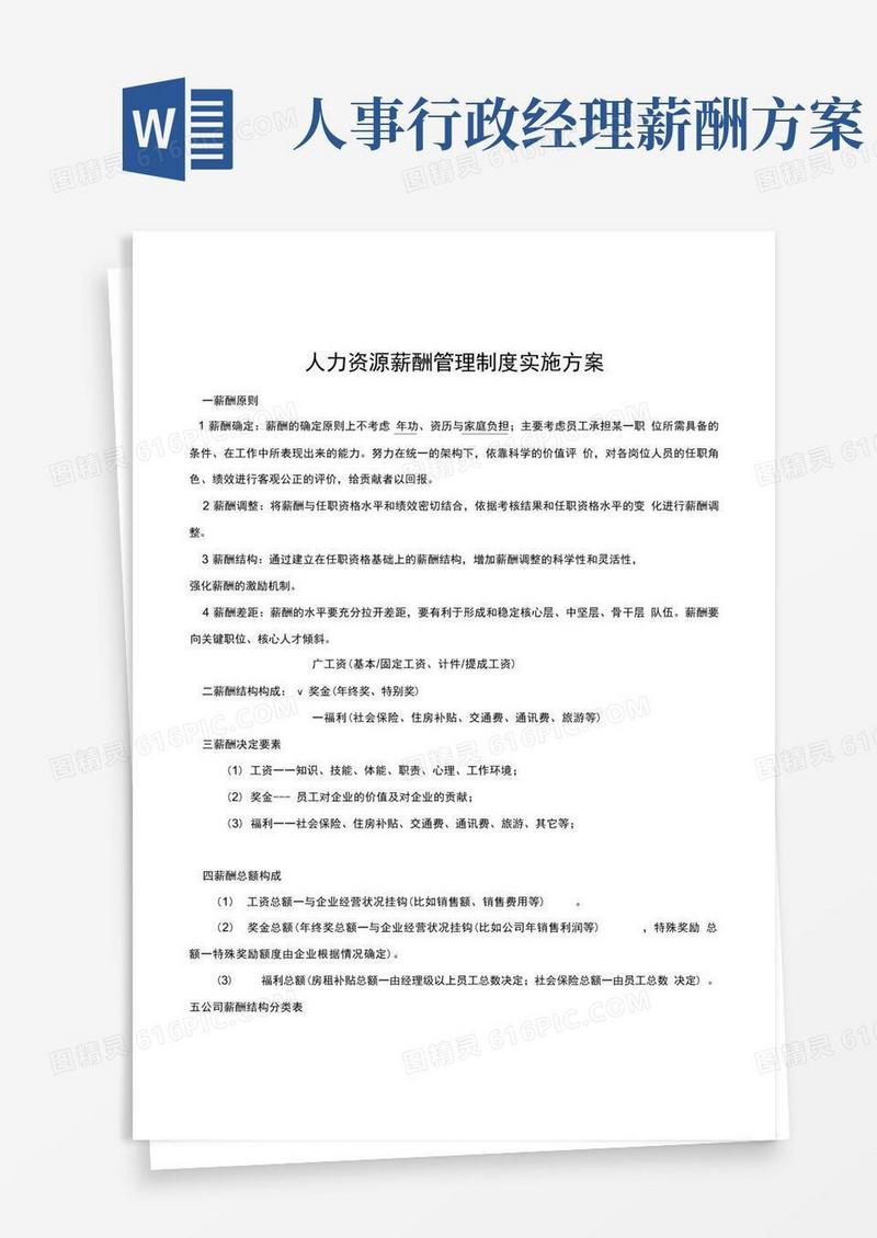 简洁的人力资源薪酬管理制度及实施方案