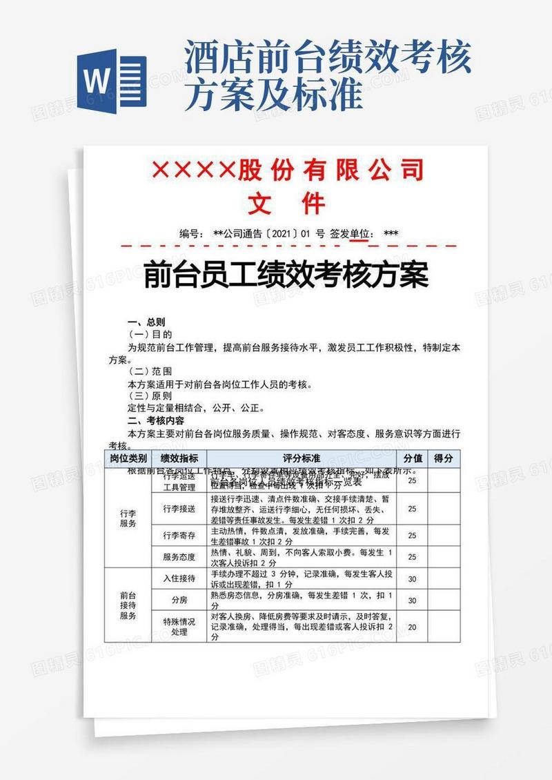 通用版前台员工绩效考核方案(完整版)