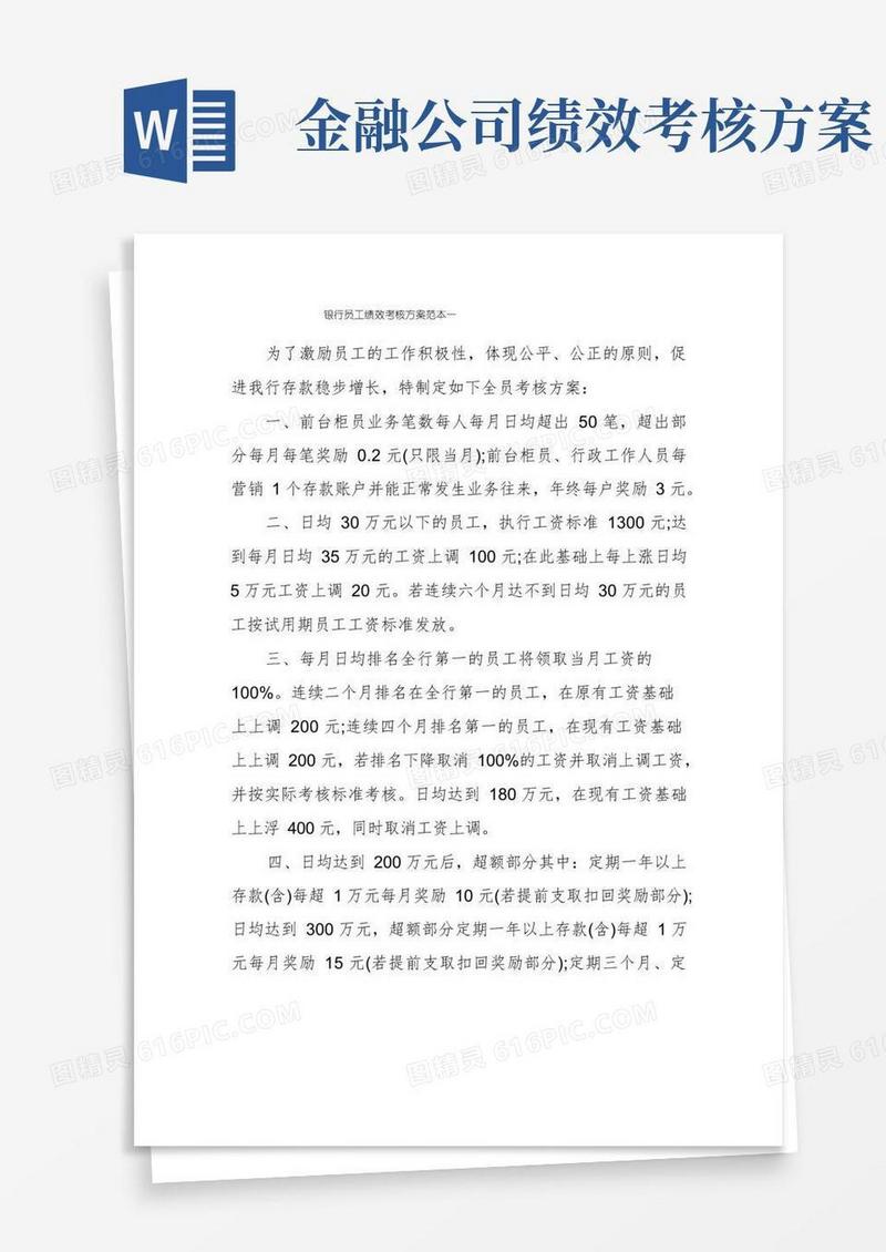 实用的银行员工绩效考核方案范本一